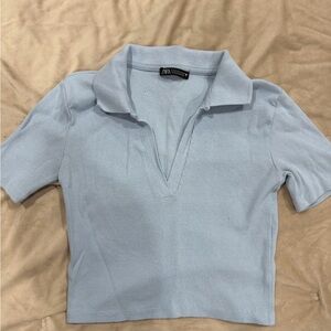 Zara Sky Blue Cropped Ribbed Polo Top